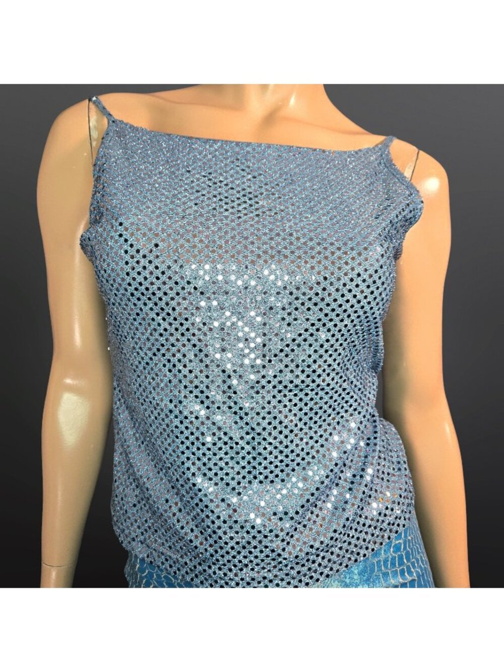 Vintage 90s Y2K Glitter Mermaid Fairy Tank Top Icy Blue Size M Spaghetti Straps